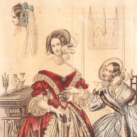 Moda ok. 1840, w stylu Biedermeier. Z cyklu Modes de Paris. Miedzioryt. Francja, 1840.